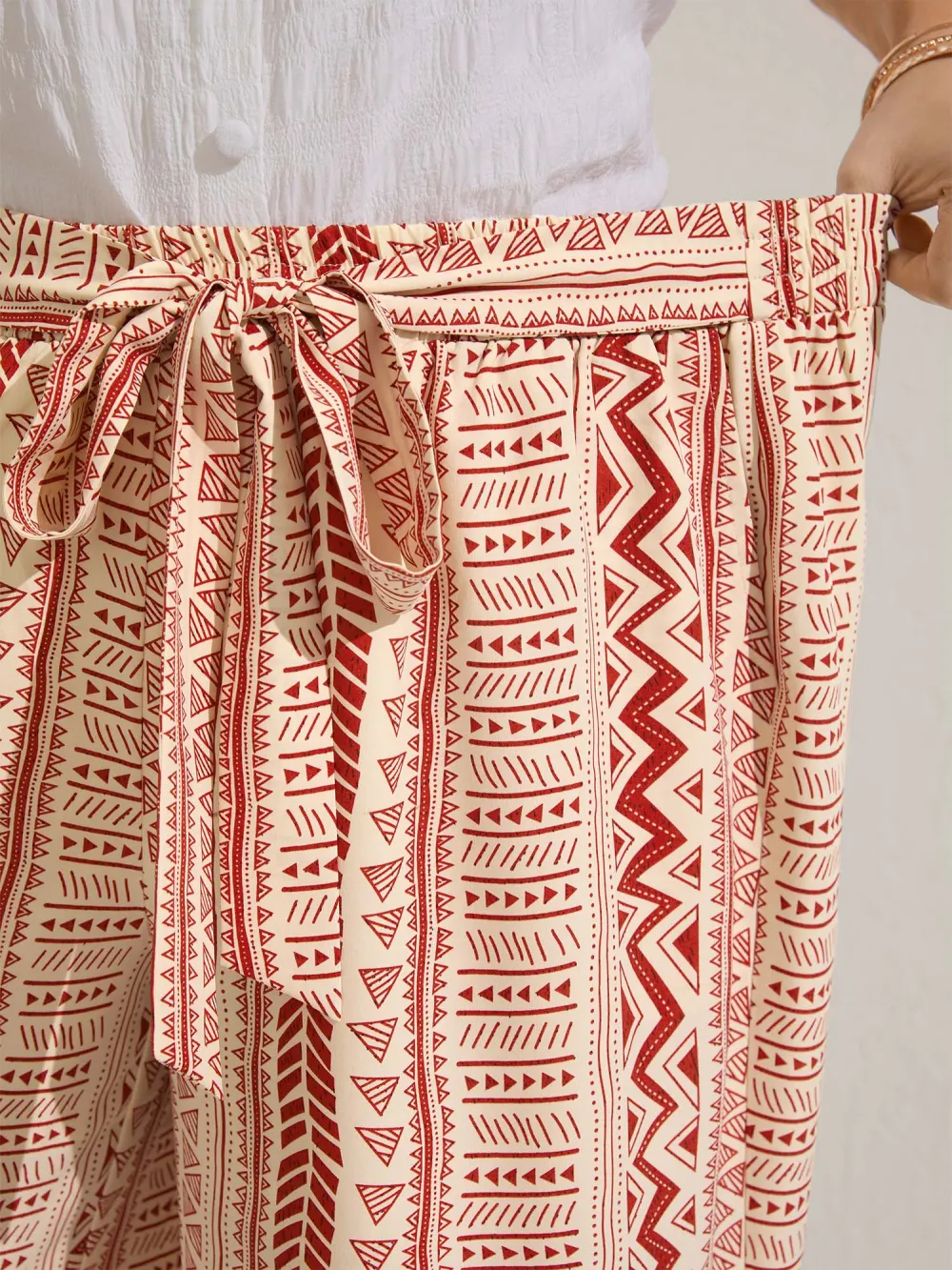 Waist-Tie Wide-Leg Boho Print Pants