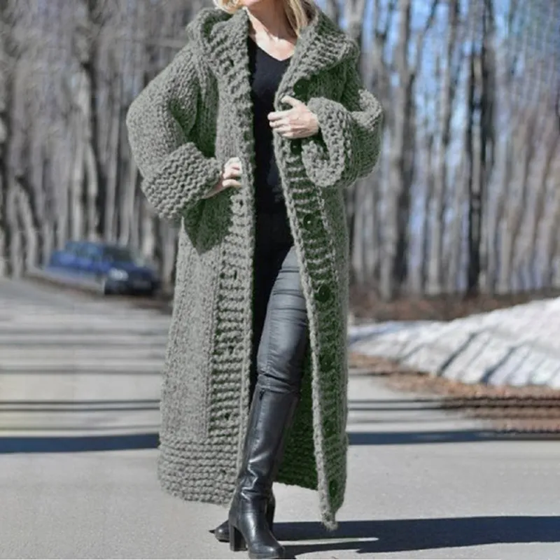 Oversized hooded cardigan long knitted jacket