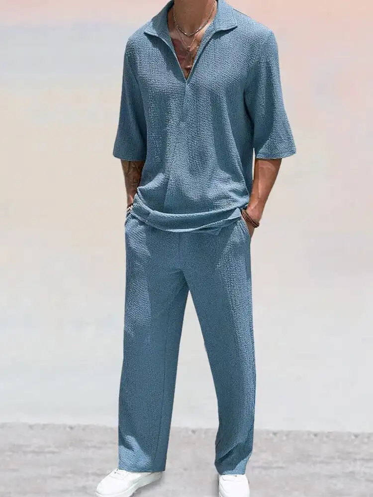 Casual Water Ripple Textured Shirt Set