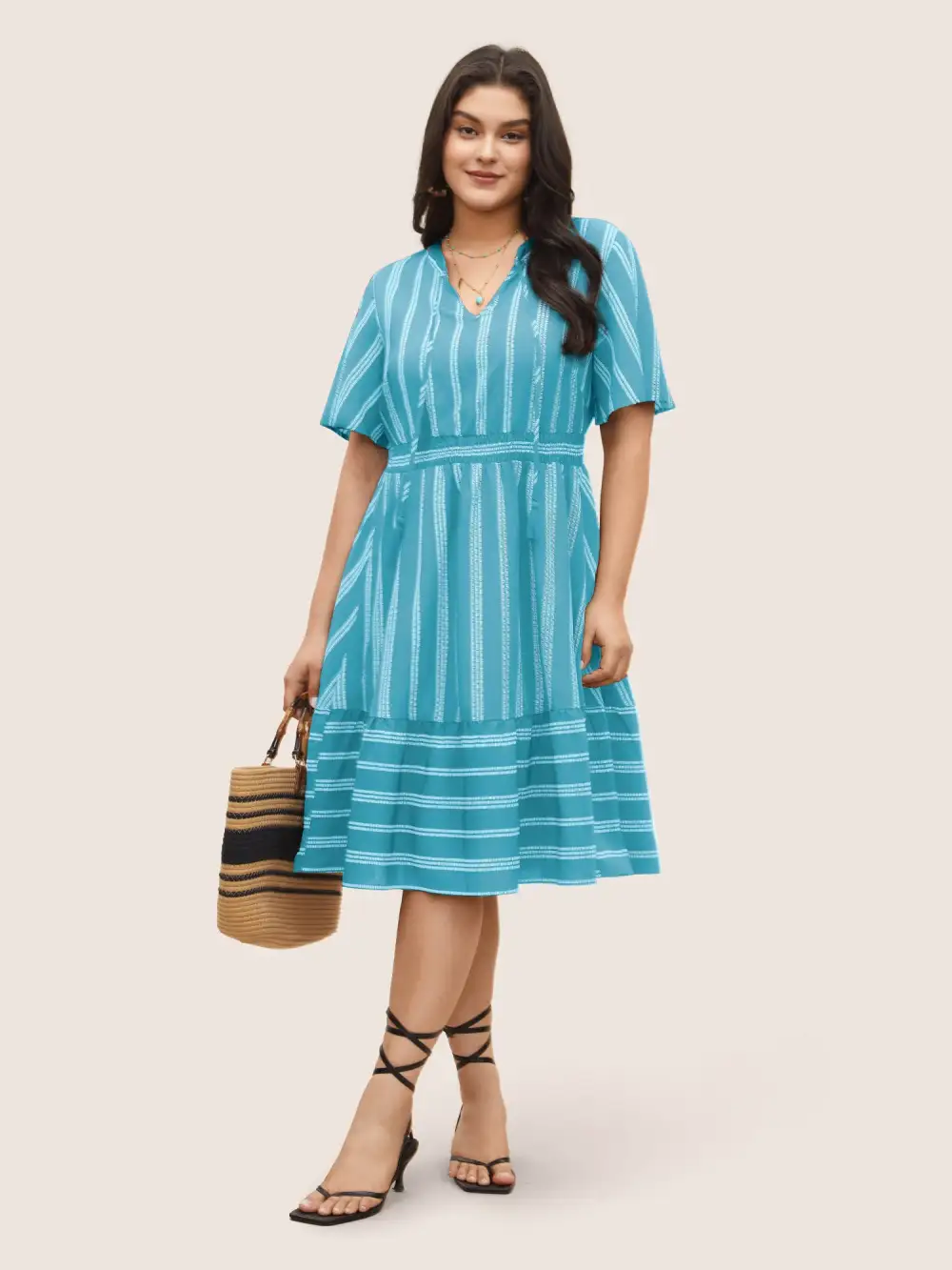Striped Patchwork Tassels Ties Shirred Dress