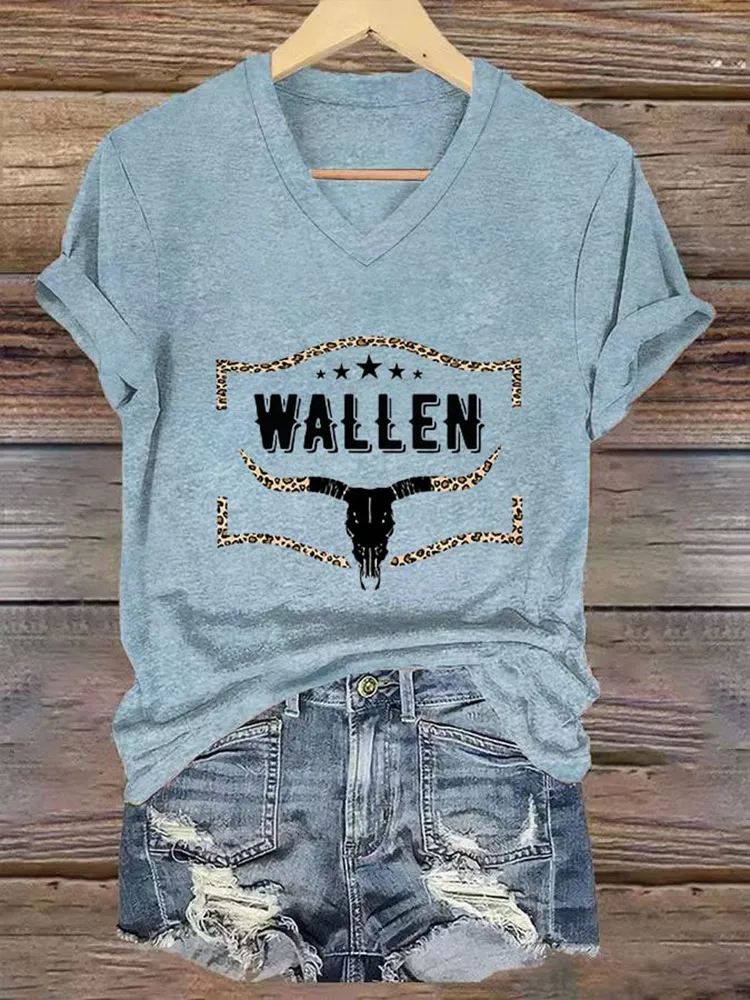 Wallwn Printed V-Neck Short-Sleeved T-Shirt