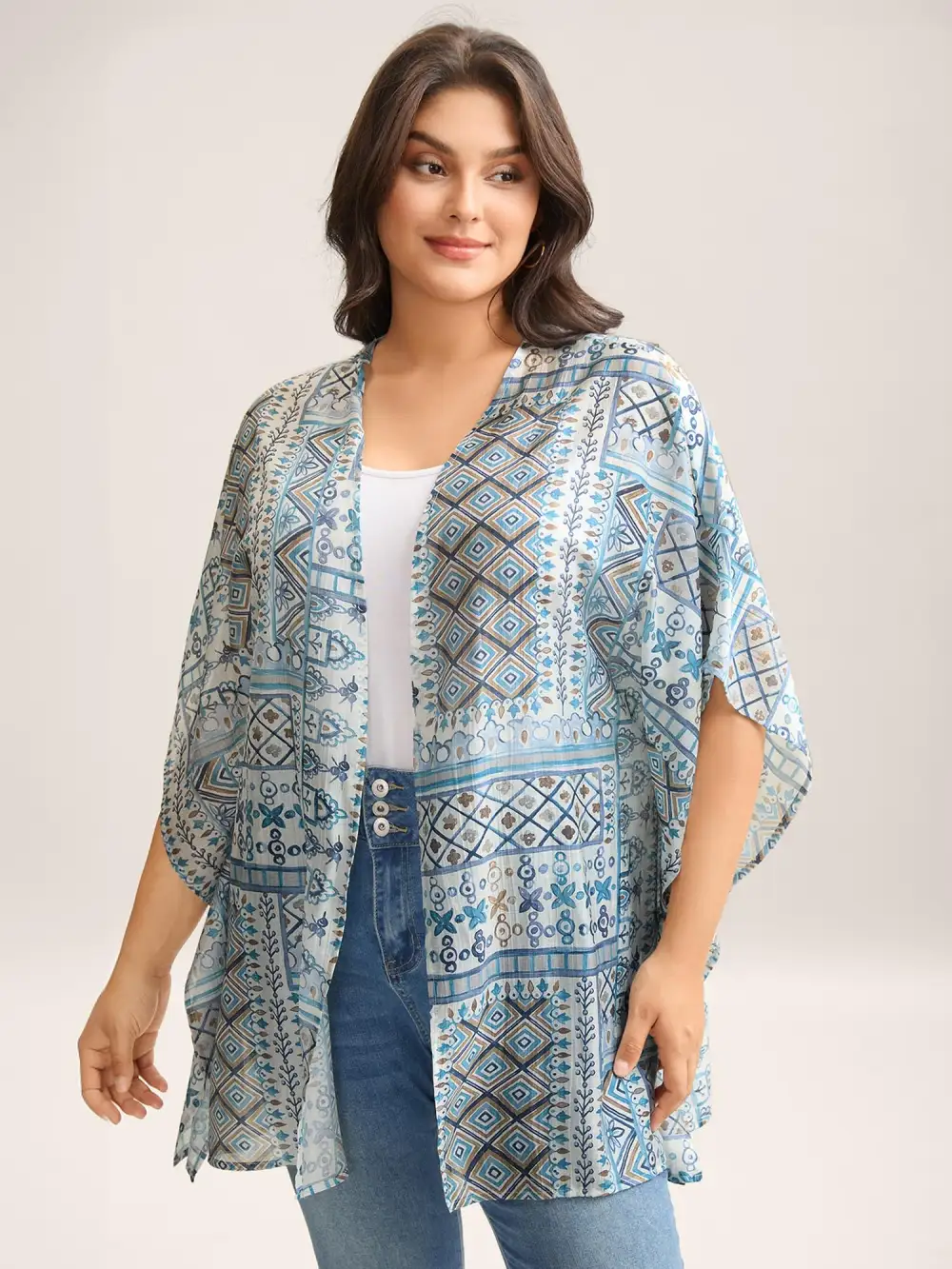 Abstract Print Flowy Sleeve Kimono