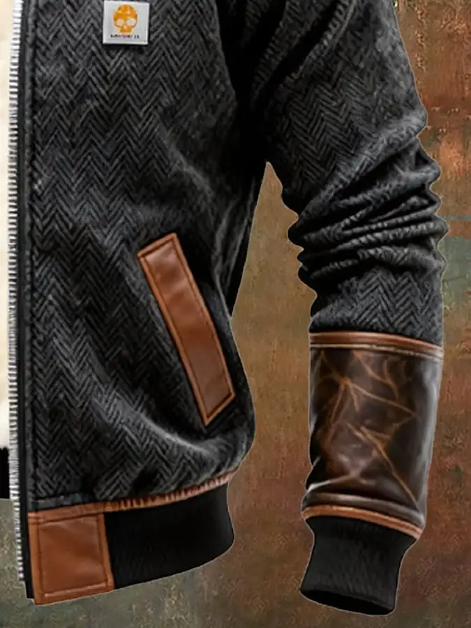 Men's Vintage Herringbone Pattern Leather Multi-Pocket Outdoor Jacket