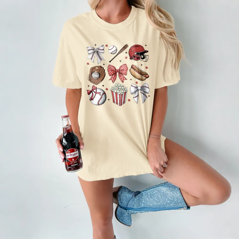 Baseballs, Baseball Bats, Baseball Helmets, Baseball Gloves, Bow Ties, Hot Dogs, Popcorn And Star Combination Patterns, Casual T-Shirts.