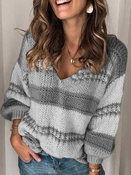 Long Sleeve V Neck Striped Sweater