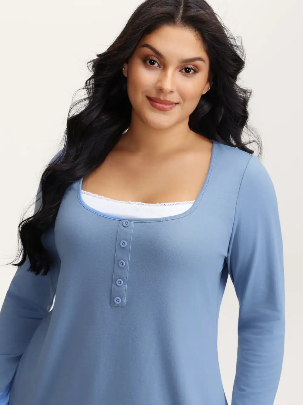 Button Placket Lace Scoop Neck T-Shirt