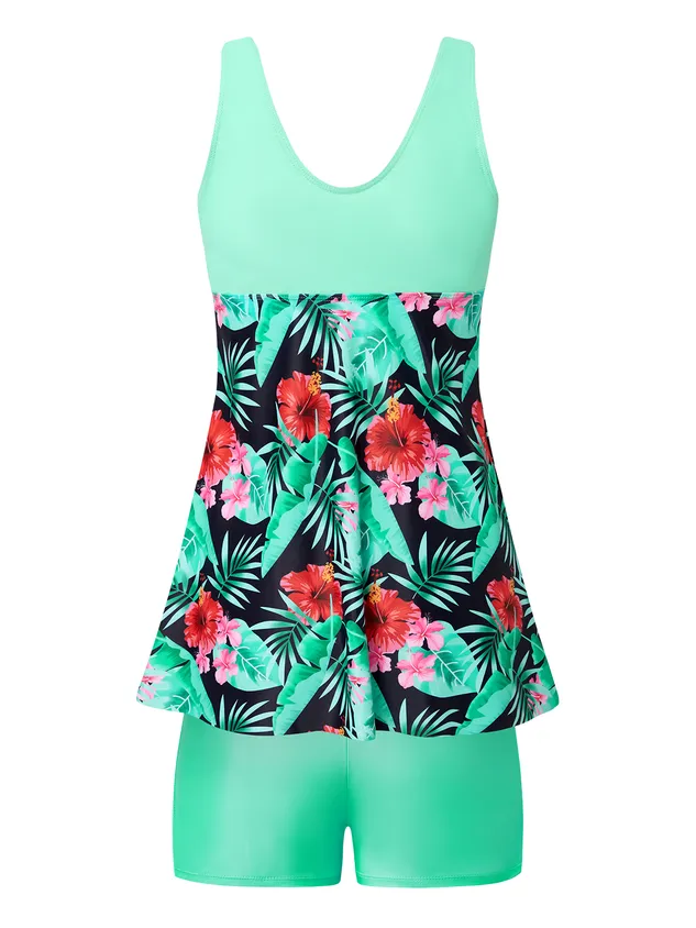 Vacation Floral Printing V Neck Swimdress Two-Piece Set