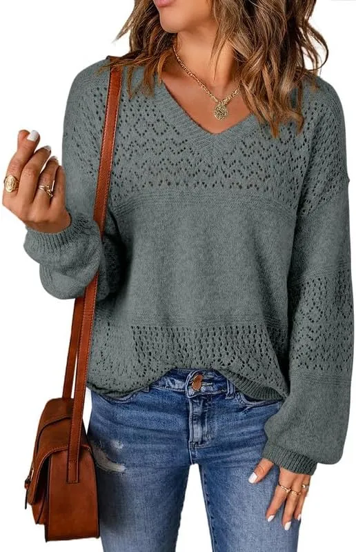 Womens Sweaters Casual Long Sleeve V Neck Lightweight Crochet Pullover Sweater Tops