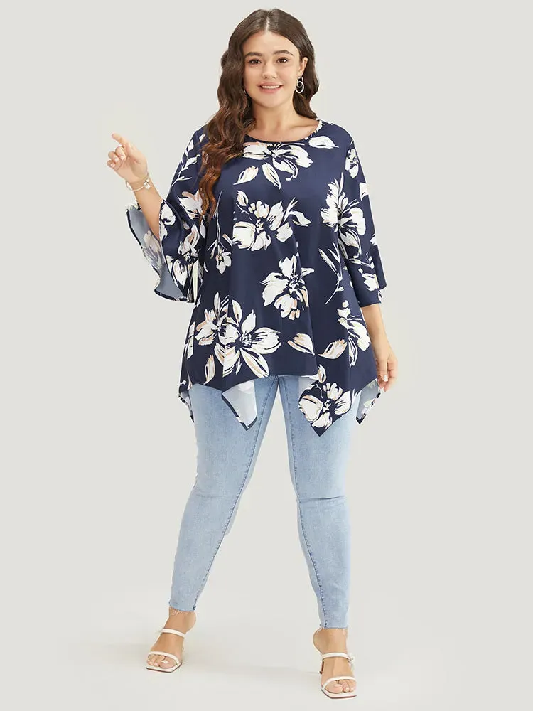 Floral Print Hanky Hem Bell Sleeve Blouse