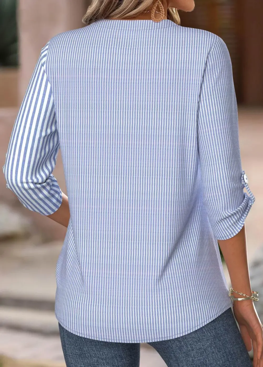 Blue Striped 3/4 Sleeve Split Neck Shirt