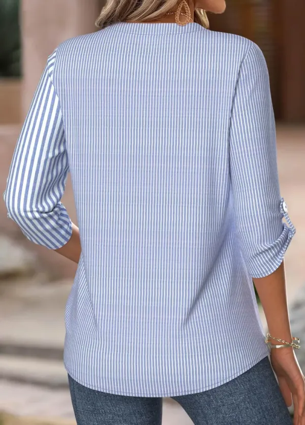 Blue Striped 3/4 Sleeve Split Neck Shirt