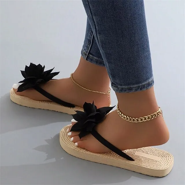Women's Slippers Boho Bohemia Beach Outdoor Slippers Beach Slippers Outdoor Beach Solid Color Flower Flat Heel Elegant Casual PVC Loafer Black Pink Green