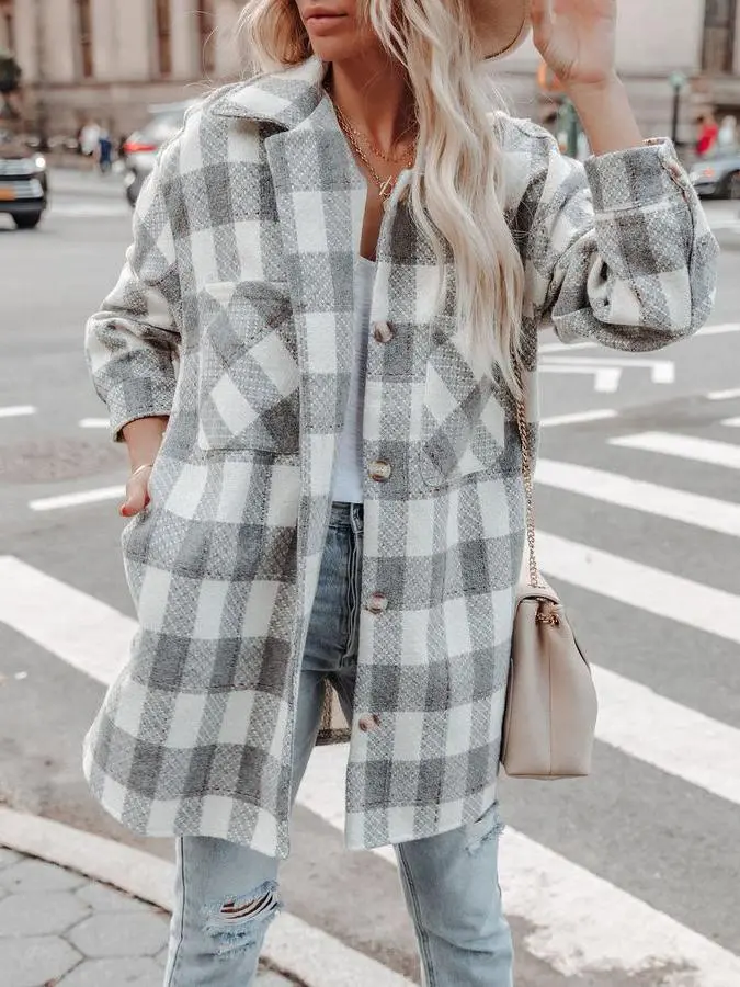 Lapel plaid pocket winter coat