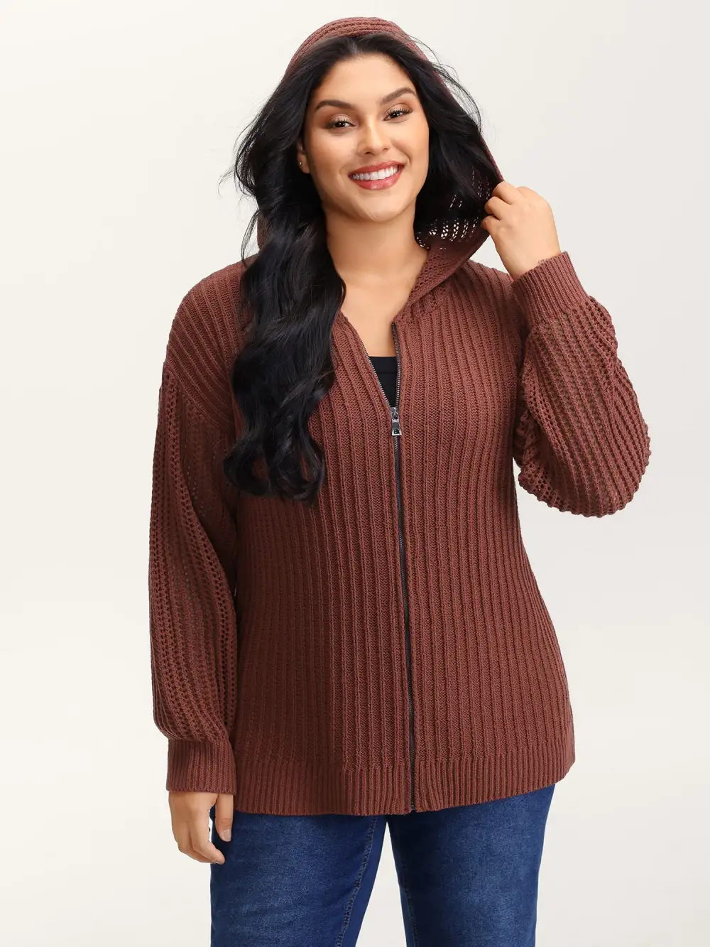 Textured Zipper Front Hooded Knit Cardigan