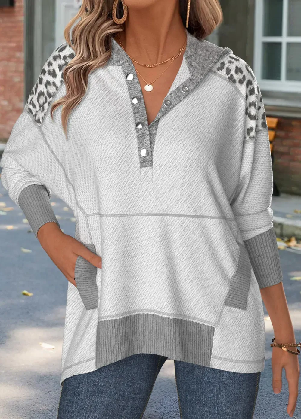 Grey Tummy Coverage Leopard Long Sleeve Hoodie