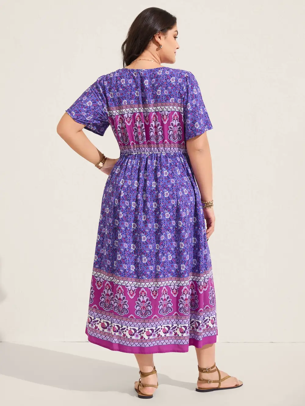 Rayon Floral Print Color Contrast Midi Dress