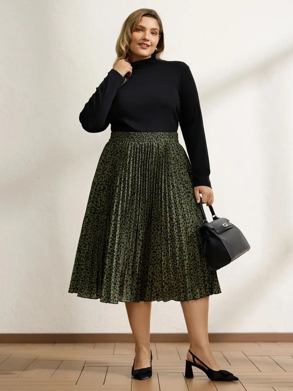 Monochrome Polka Dots Pleated Midi Skirt