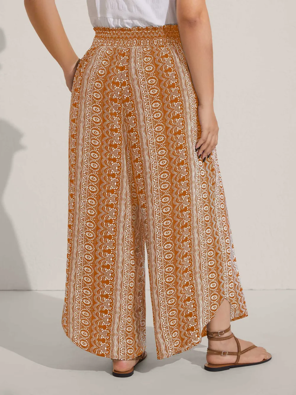 Boho Print Shirred Waist Wide-Leg Pants