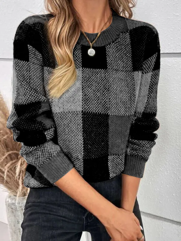 Casual Cotton Plaid Pattern Drop Shoulder Sweater