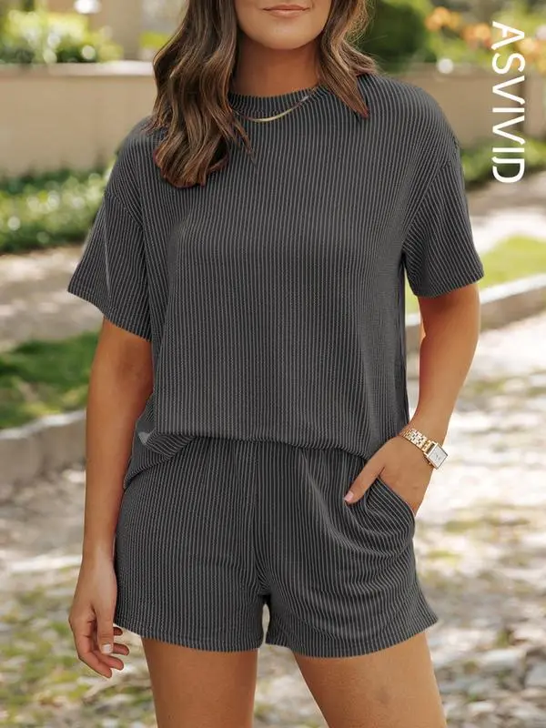 Women’s Twisted Ribbed Knit Shorts Set – Textured Pocket Tee & Elastic Waist Shorts, Casual Summer Outfit