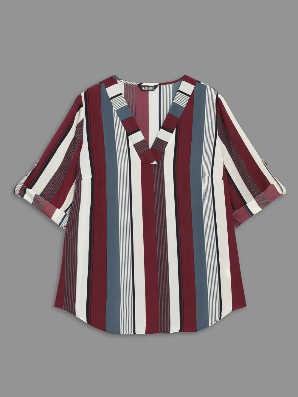 Vertical Striped V-Neck Tab Sleeve Blouse