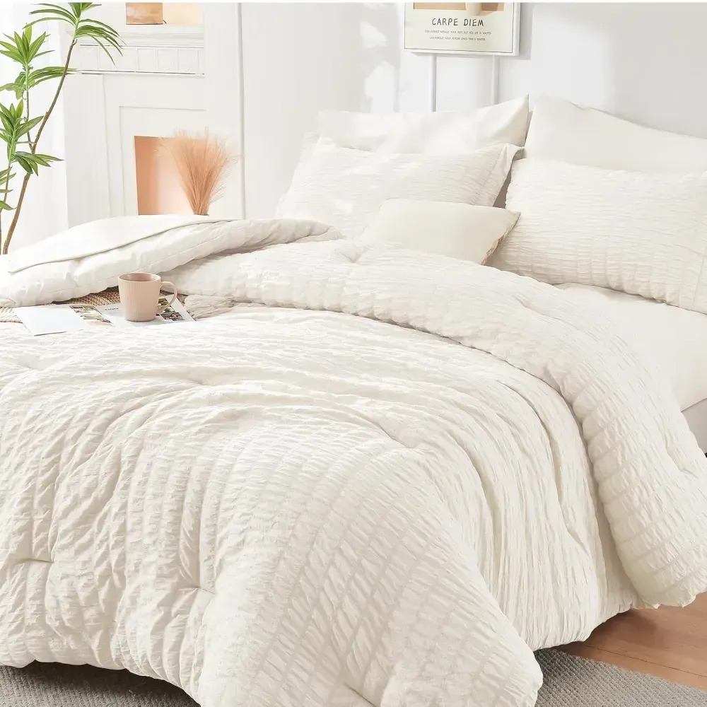 Queen Comforter Set Seersucker 7 Pieces, All Season Luxury Bed in a Bag for Bedroom, Bedding Set with Comforters, Sheets, Pillowcases & Shams, Dark Grey