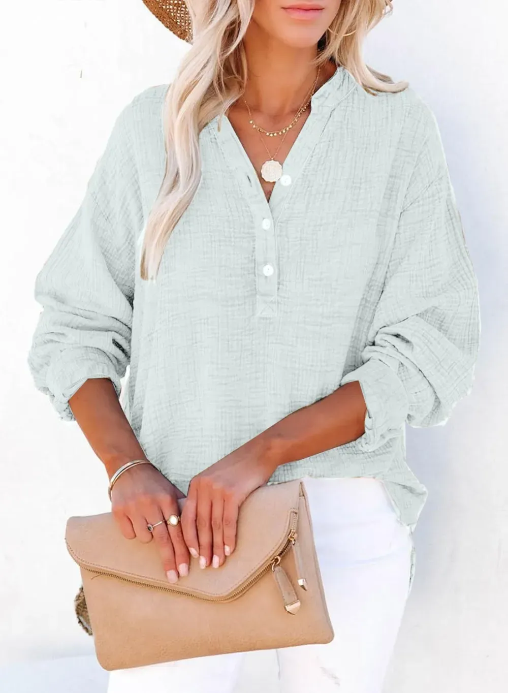 ✨Womens Casual Gauze Button Neck Long Sleeve Oversized BlousesTops