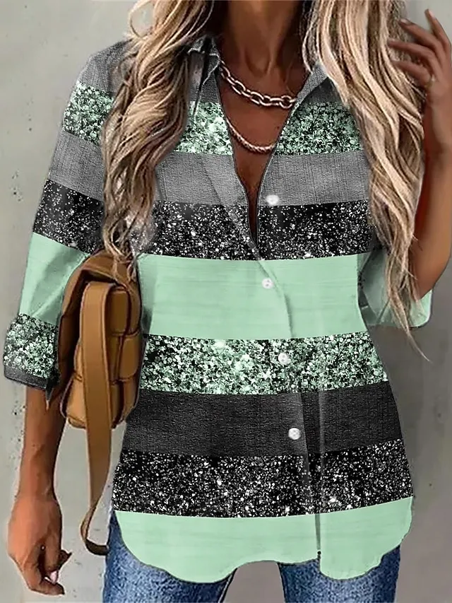 Women's Shirt Blouse Pink Blue Purple Graphic Striped Button Print Long Sleeve Daily Weekend Streetwear Casual Shirt Collar Regular S