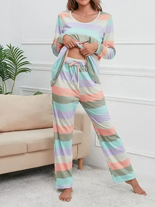 Women's Plus Size Pajamas Sets Nighty Pjs 2 Pieces Rainbow Stripe Fashion Comfort Soft Home Daily Bed Cotton Breathable V Wire Long Sleeve T shirt Tee Pant Fall Spring Blue Yellow