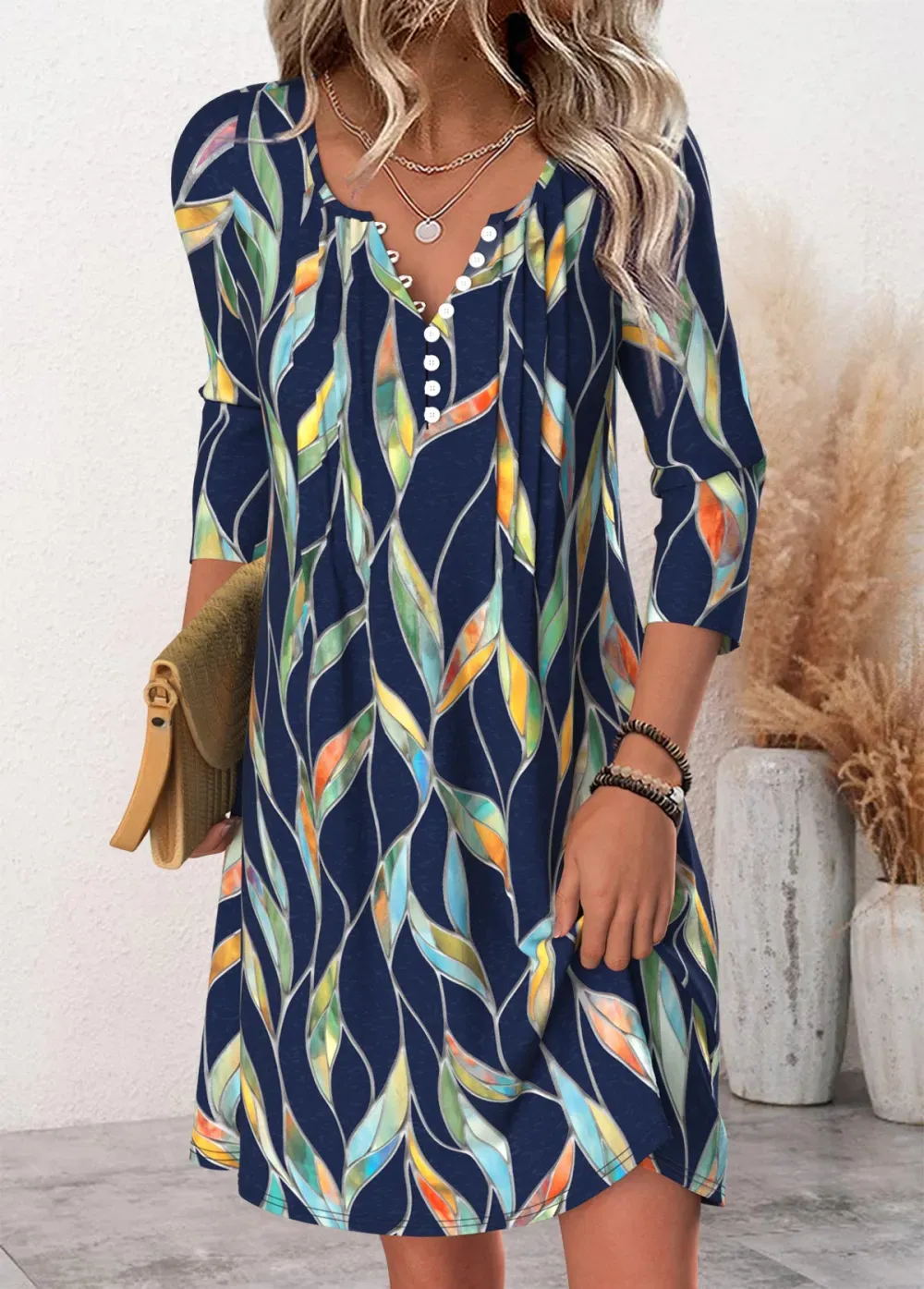 Navy Leaf Print Short Long Sleeve Split Neck Dress