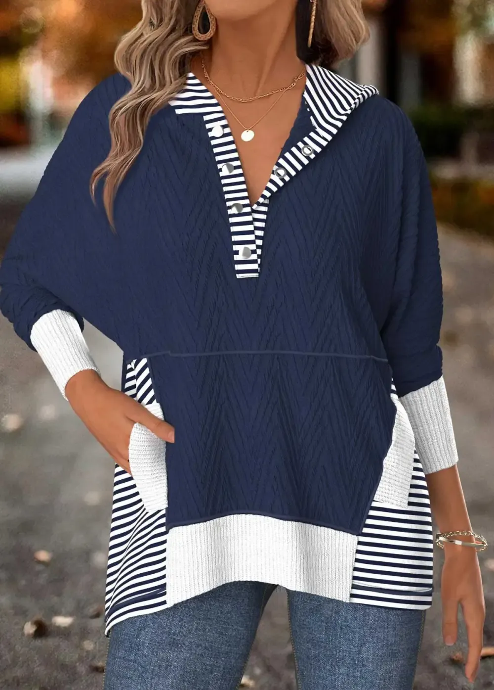 Navy Tummy Coverage Striped Long Sleeve Hoodie