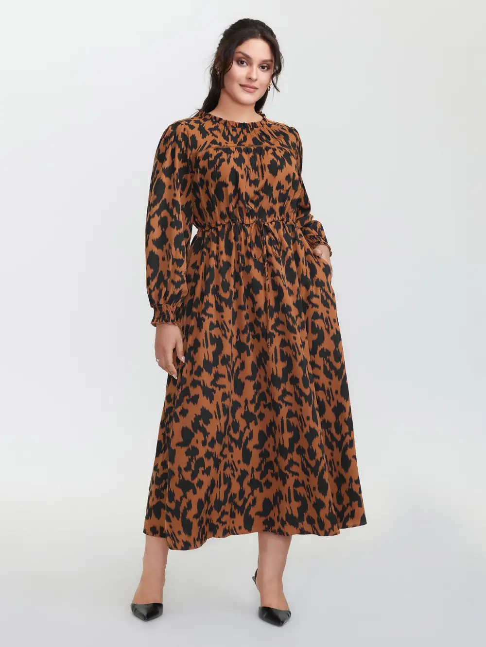 Leopard Print Pockets Lace Maxi Dress
