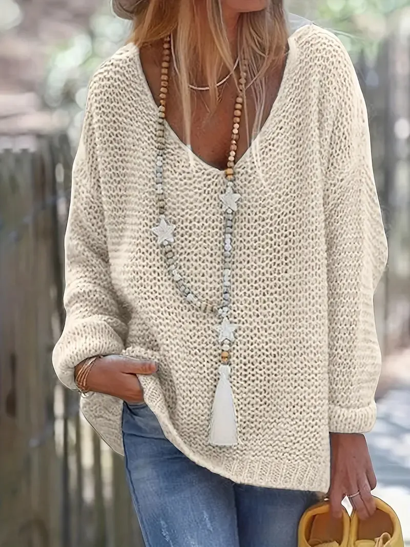 Cozy V-Neck Pointelle Knitted Sweater - Soft, Long Sleeve, Casual, Fall & Winter Essential - Women's Comfortable Clothing for Chilly DaysCozy V-Neck Pointelle Knitted Sweater - Soft, Long Sleeve, Casual, Fall & Winter Essential - Women's Comfortable Cloth