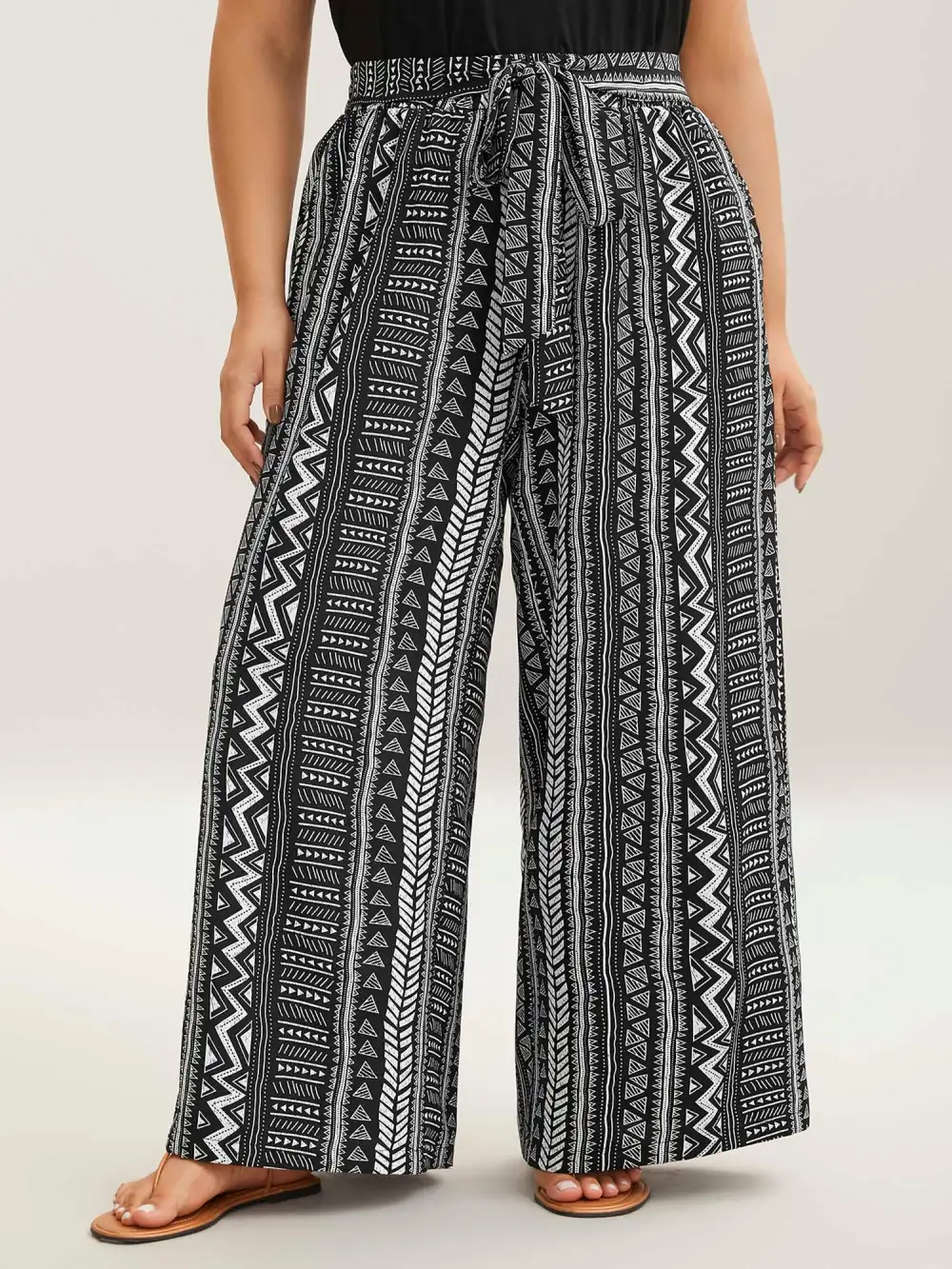 Waist-Tie Wide-Leg Boho Print Pants