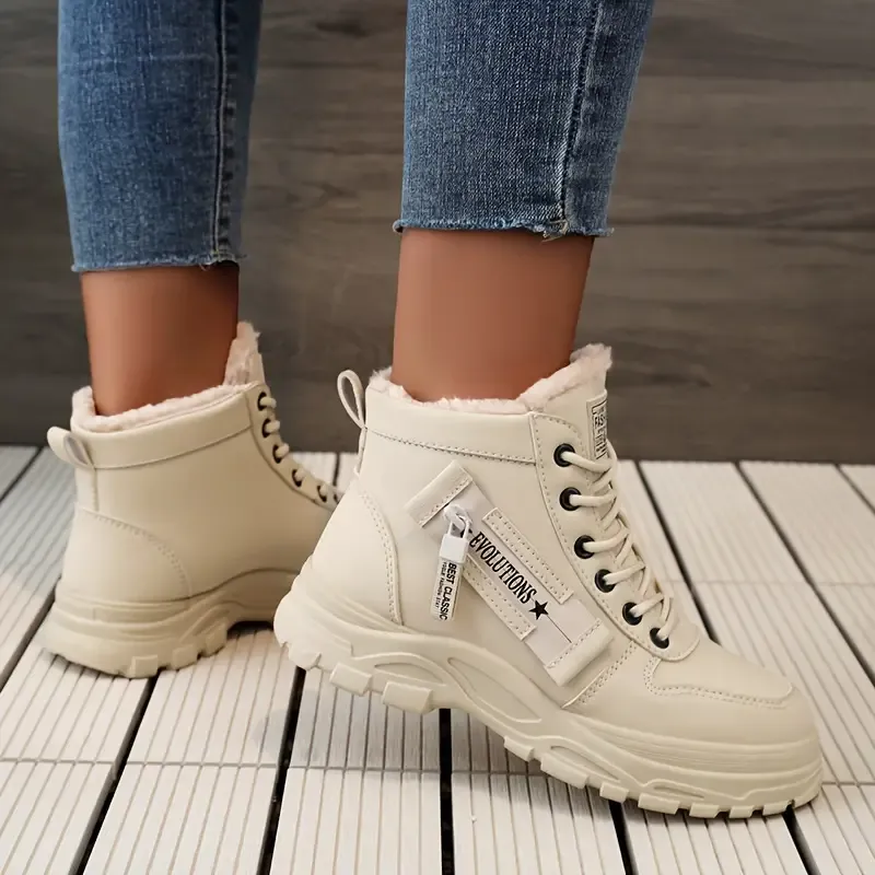 Cozy Winter High Top Sneakers - Fashion Sneakers with Plush Lining, Thick Soles, and Lace-up Closure for Cold Weather - Warm, Comfortable, and Supportive Shoes for Women
