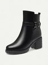 Women's Black Leather Ankle Boots - Warm Fur Lined Mid Heel Winter Booties with Side Zipper and Buckle for Cold Weather, Work & Outdoor Wear
