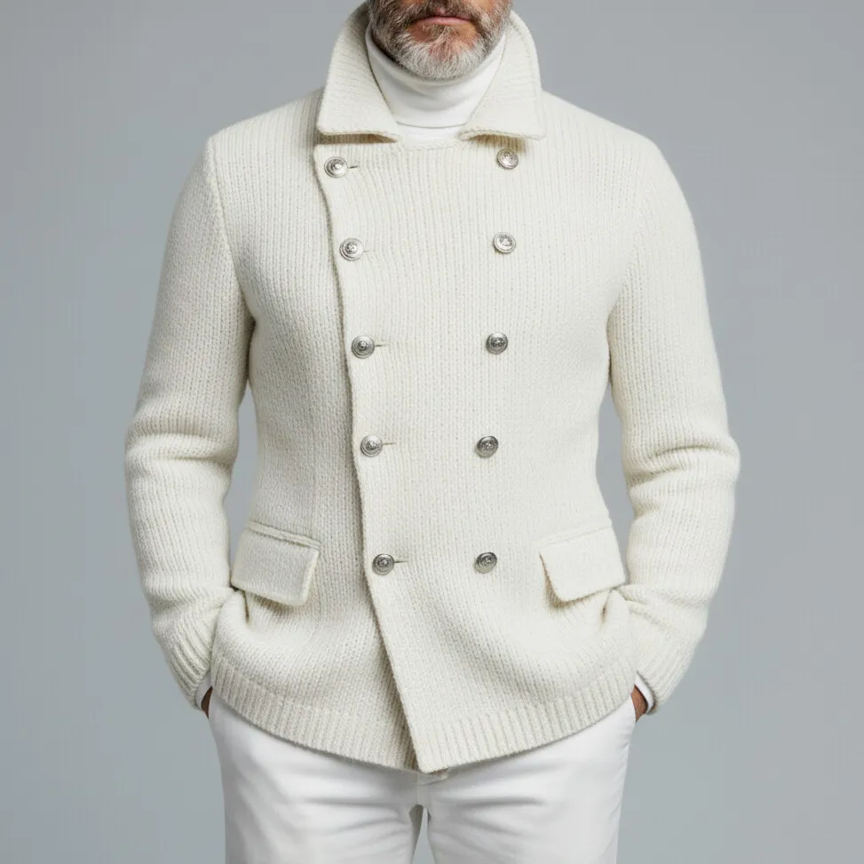 Men's White Ribbed Knit Double Breasted Turndown Collar Long Sleeve Sweater Cardigan