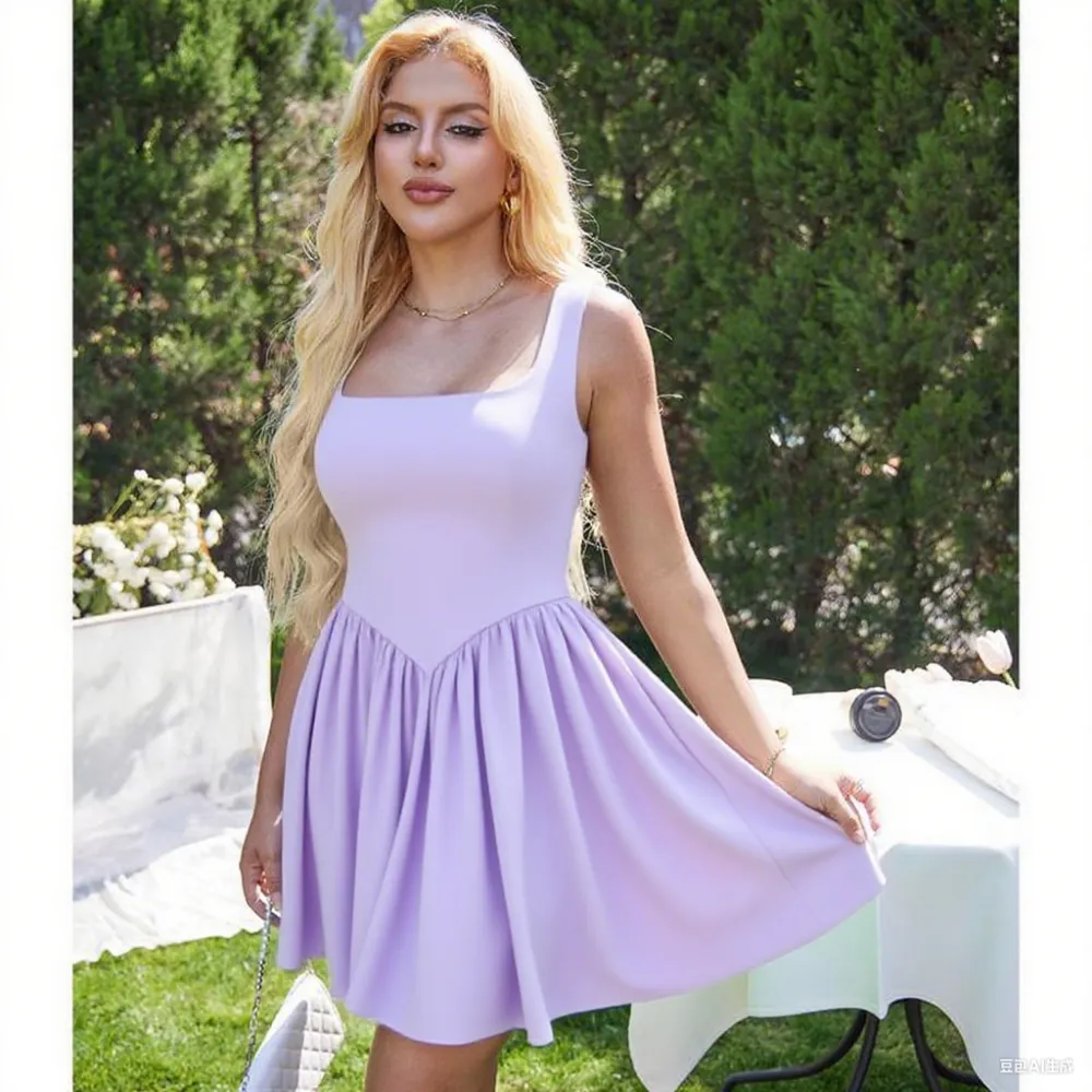 Women's Sleeveless A-Line Tank Dress – Square Neck, Ruffle Hem & Pockets for Summer