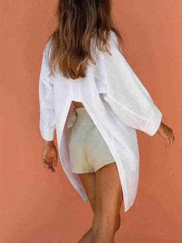 Casual Long Sleeves Split-Front Solid Color Notched Collar Blouses