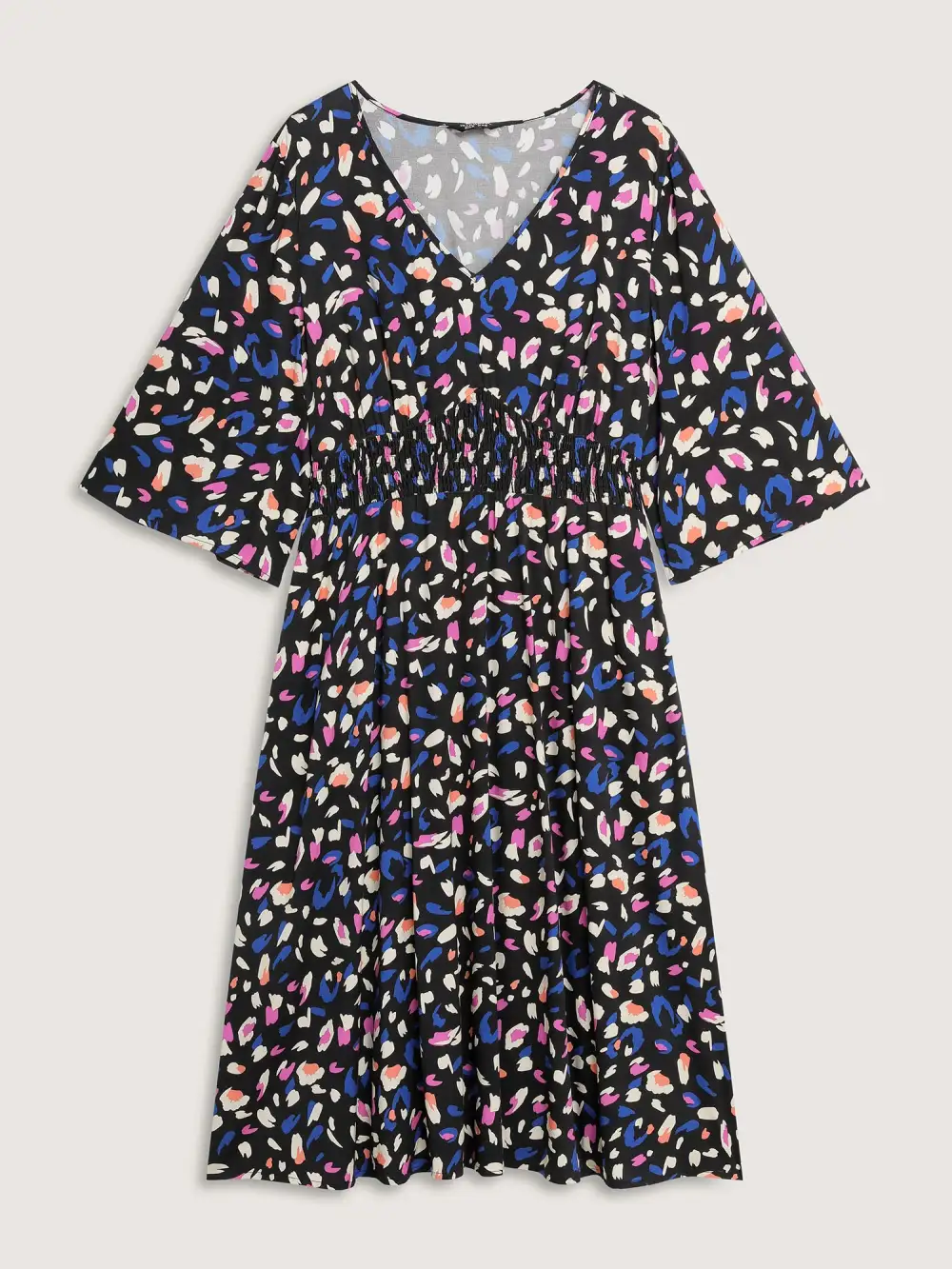 Leopard Print Shirred Waist V-Neck Midi Dress