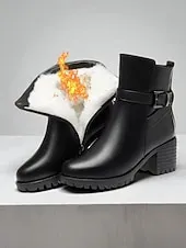 Women's Black Leather Ankle Boots - Warm Fur Lined Mid Heel Winter Booties with Side Zipper and Buckle for Cold Weather, Work & Outdoor Wear