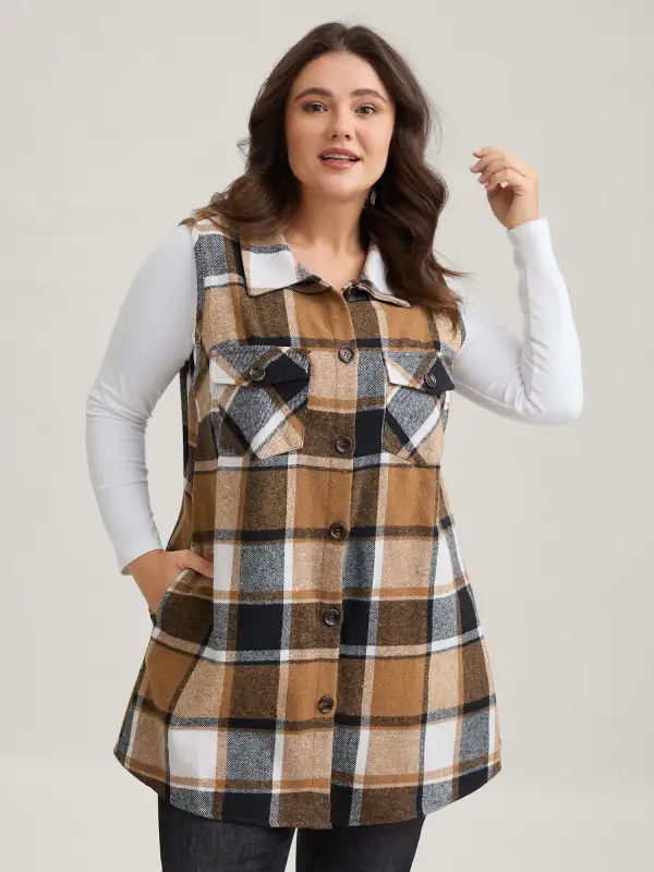 Plaid Flap Detail Sleeveless Jacket