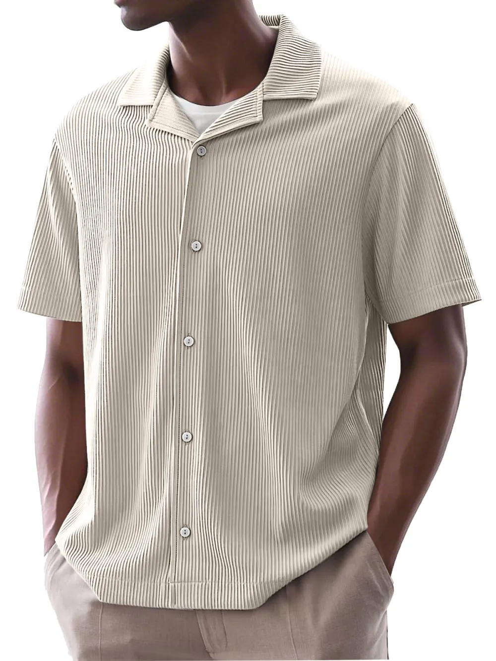 Men's Daily Simple Solid Color Ribbed Cuban Collar Short-sleeved Shirt