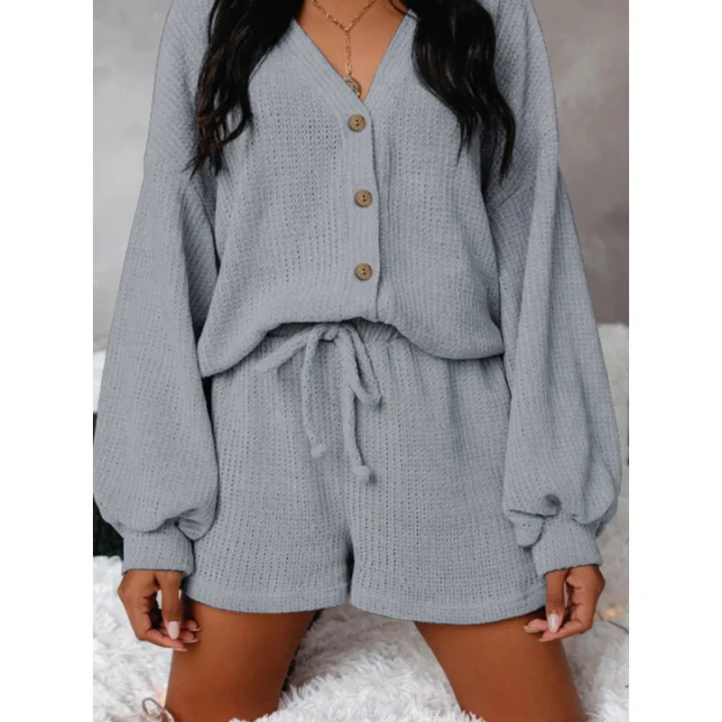 Casual Solid Color Waffle Two-piece Set