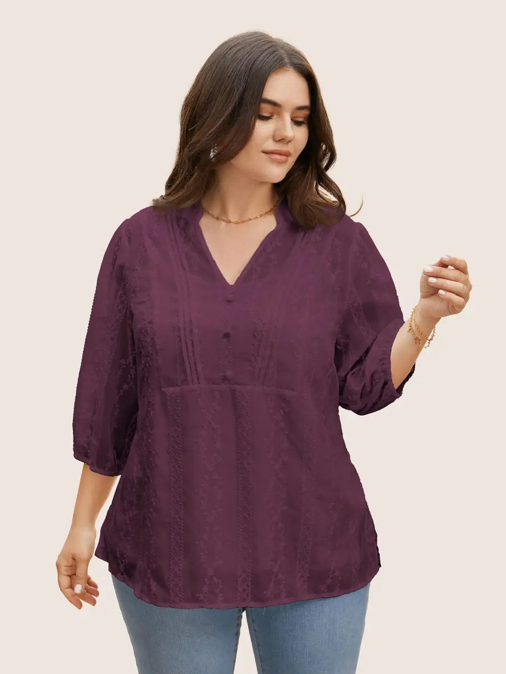 Texture Mesh Button Detail Tucked Seam Blouse