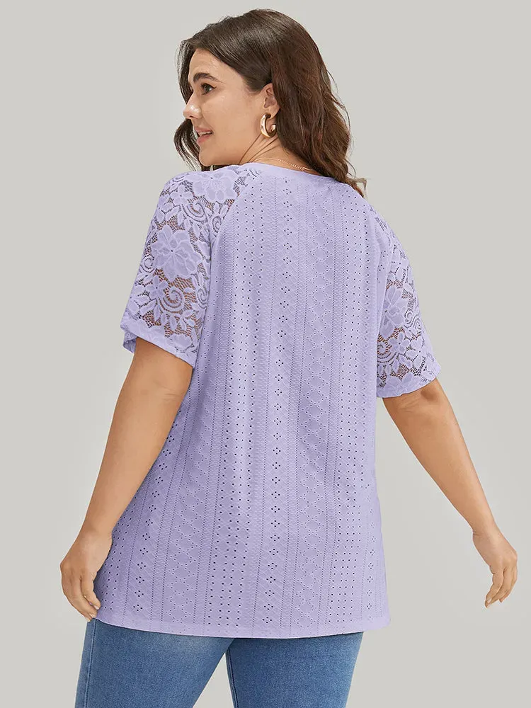 Solid Broderie Anglaise Lace Raglan Sleeve T-shirt