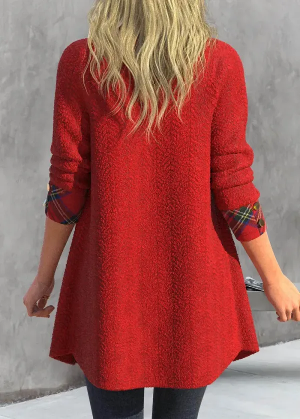 Red Button Plaid Long Sleeve Shirt Collar Coat