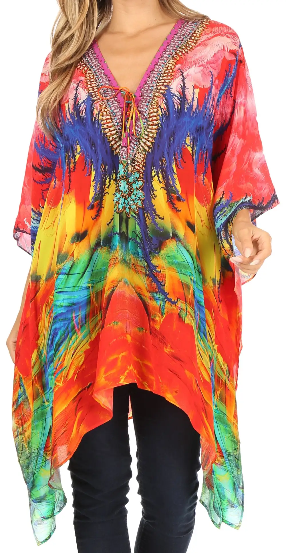 Women's Caftan Poncho Cover up V neck Top Lace up With Rhinestone