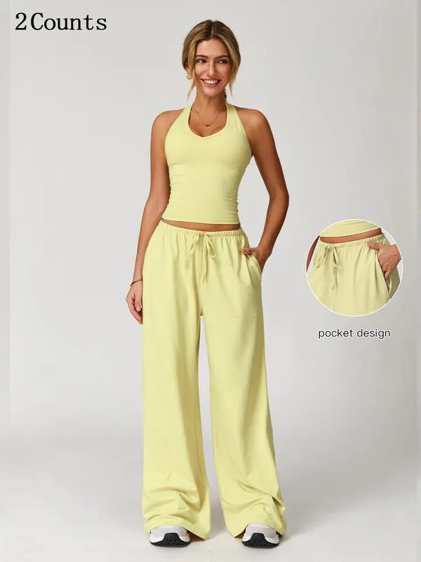 Women's Solid Crop Tank Top & Wide Leg Pants Set, Casual V Neck Sleeveless Top & Trousers