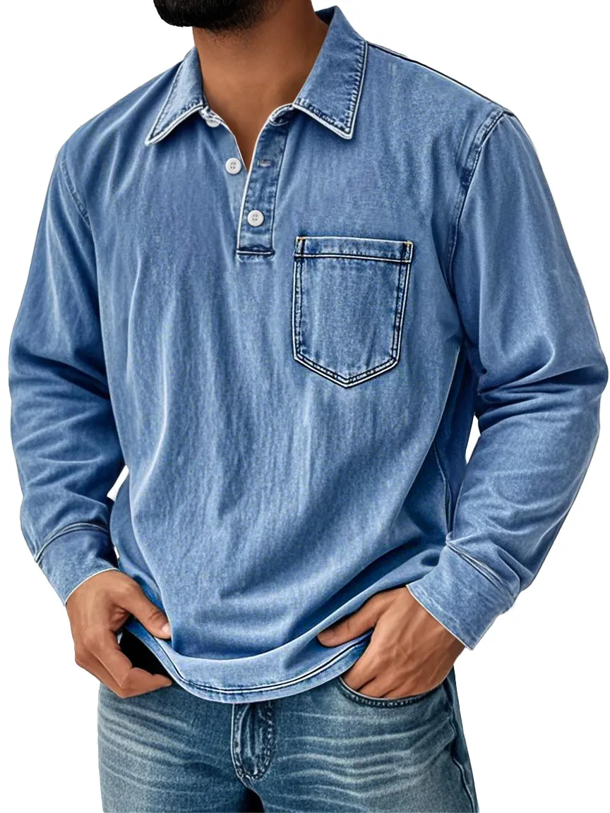Men's Vintage Distressed Lapel Pocket Casual Long-sleeved Polo Shirt
